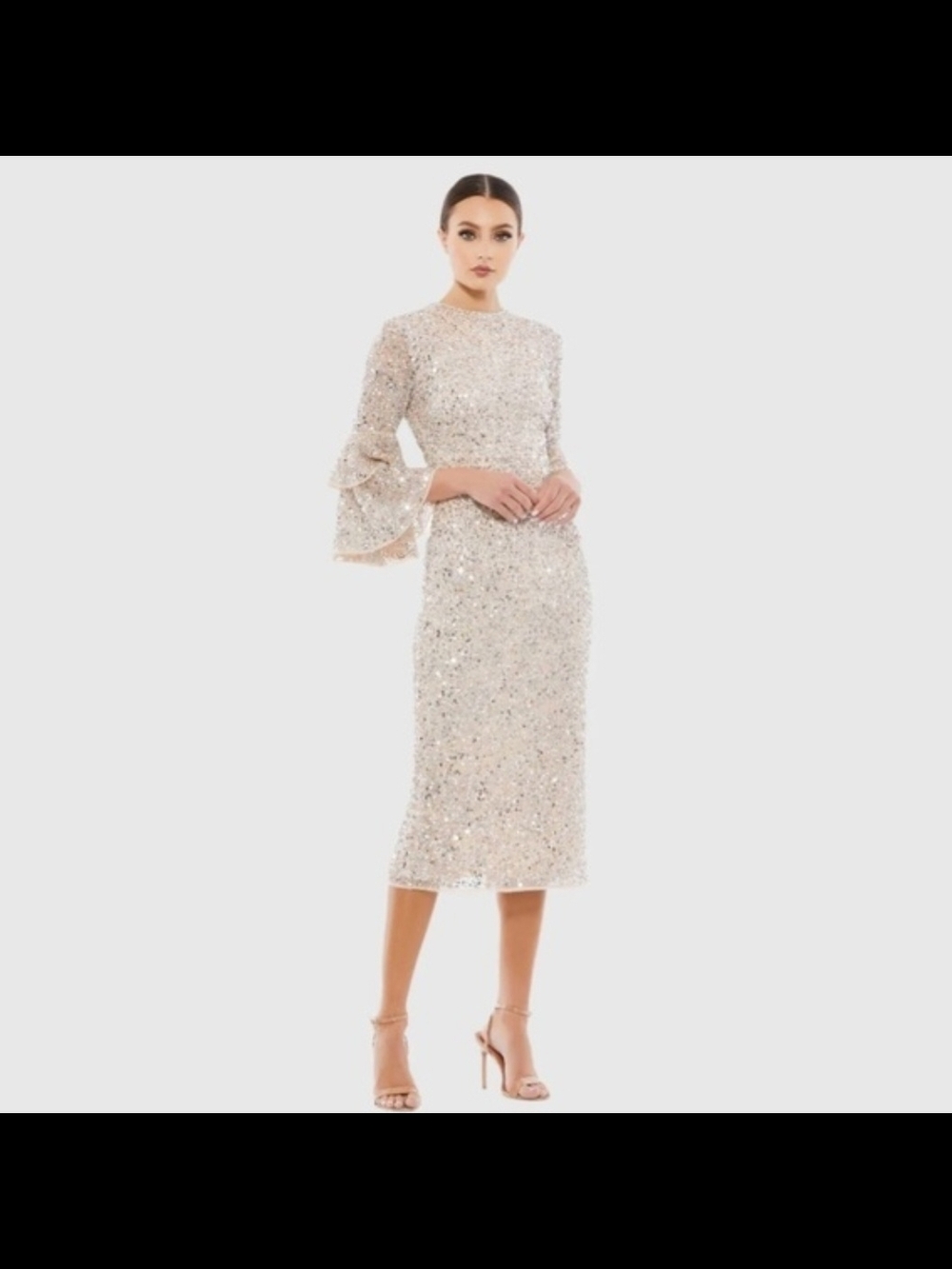 Mac Duggal Sequin Ivory Midi Dress with Tiered Ruffle Sleeves - Picture 3 of 5